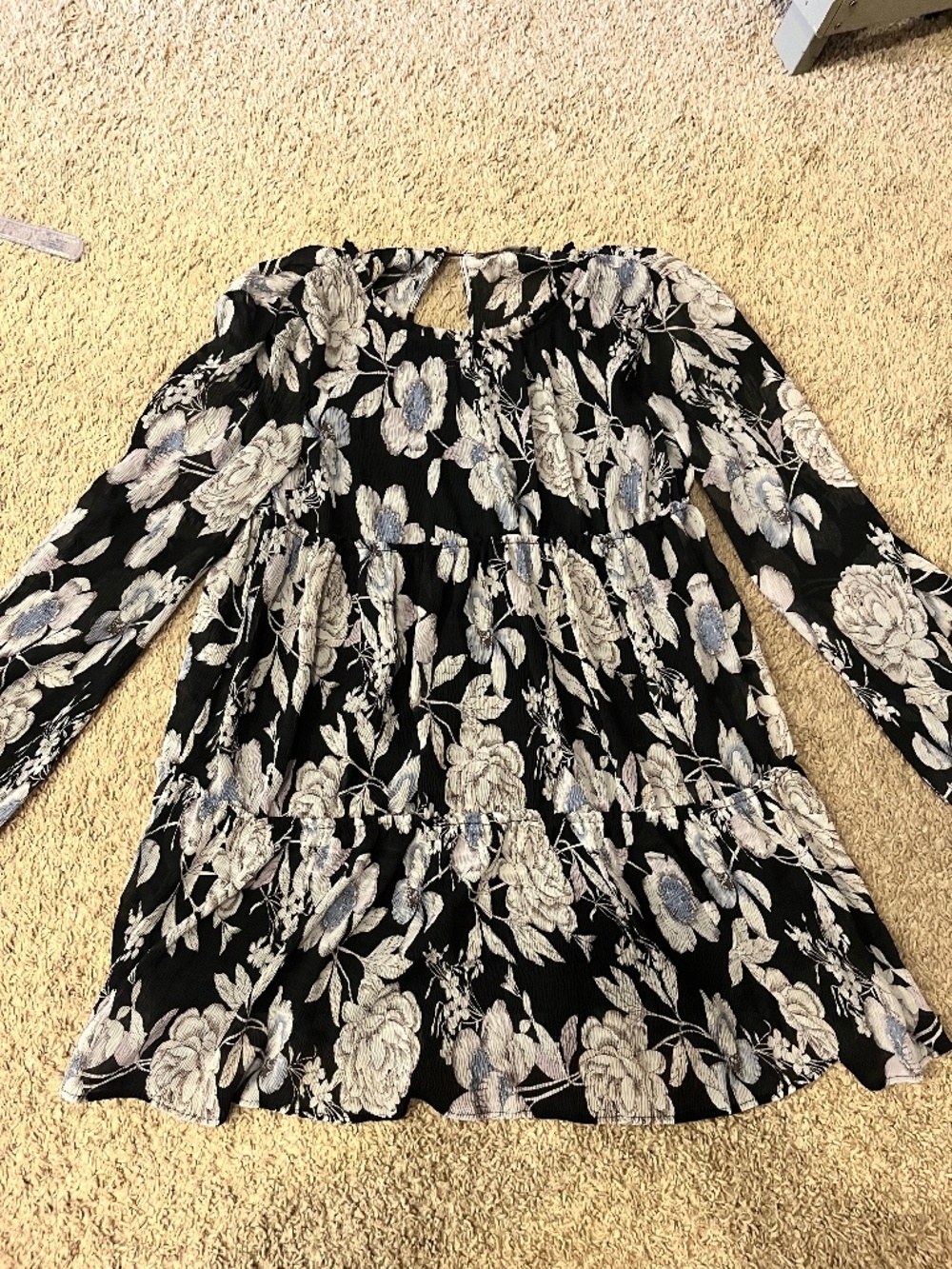 Addie Black Floral Long Sleeve Tiered Mini Dress Size S